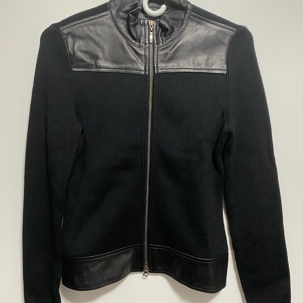 Nordstrom Classiques Entier Black Leather & Knit Zip-up Sweater